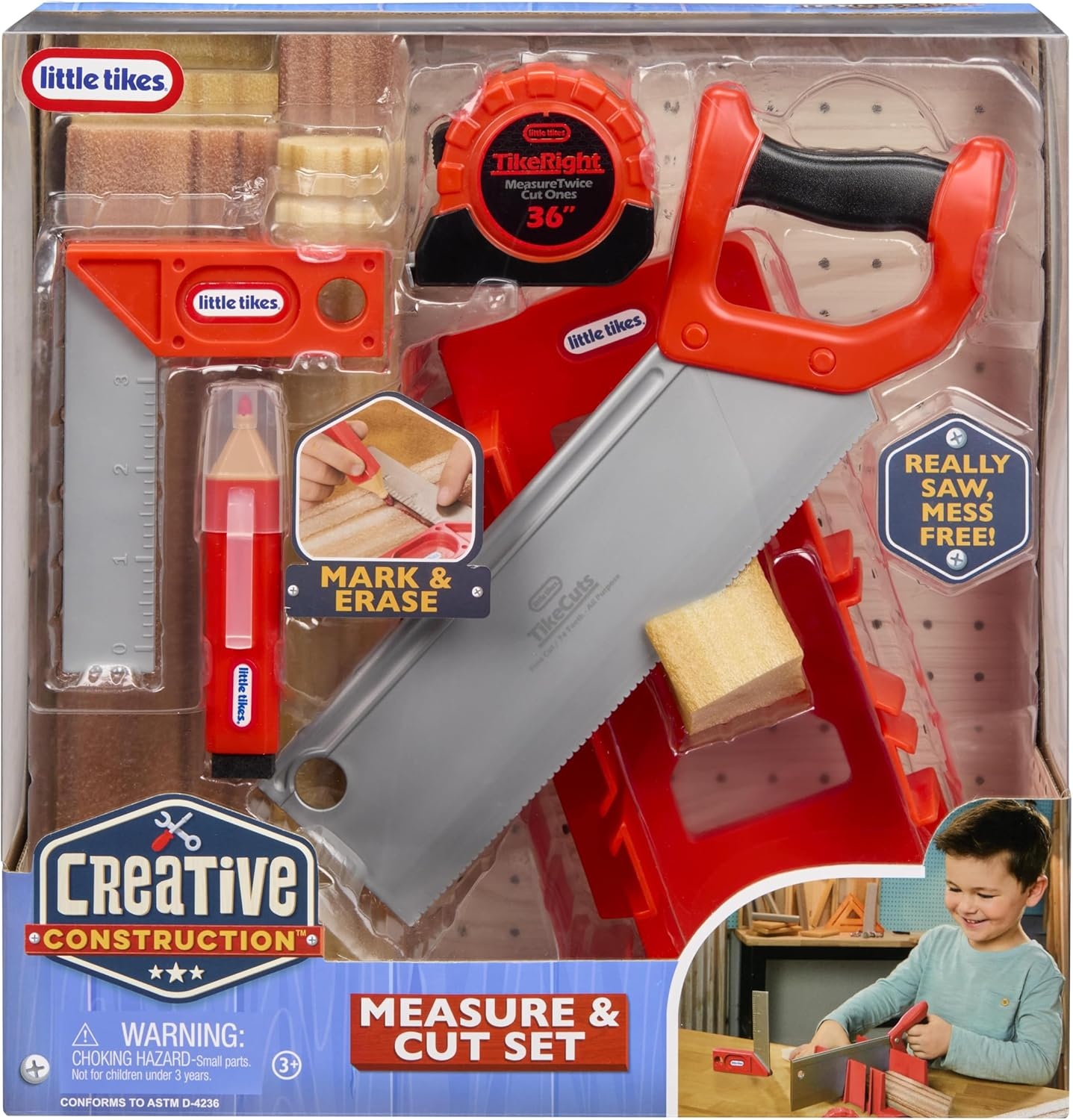 Little Tikes Creative Construction Measure & Cut Set with 5 Accessories, Pretend Play Construction Set, for Boys and Girls Ages 3+ Years