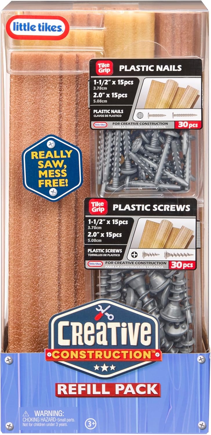 Little Tikes Creative Construction Wood, Nails, & Screws Bundle with 9 Refill Items, Pretend Play Construction Set, for Boys and Girls Ages 3+ Years