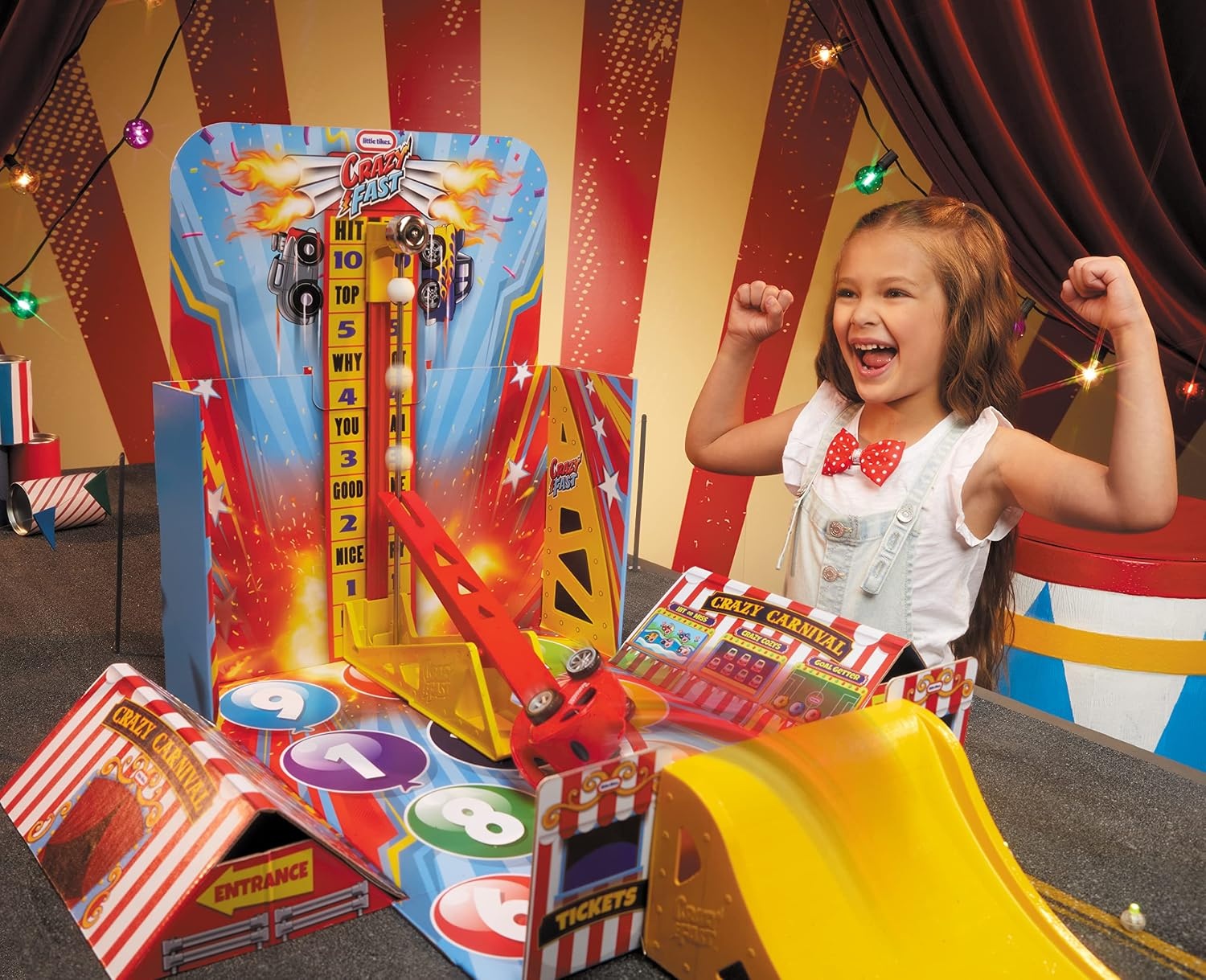 Little Tikes Crazy Fast Flip & Fly Carnival Playset with One Exclusive Pullback Toy Car Vehicle, Goes up to 50ft