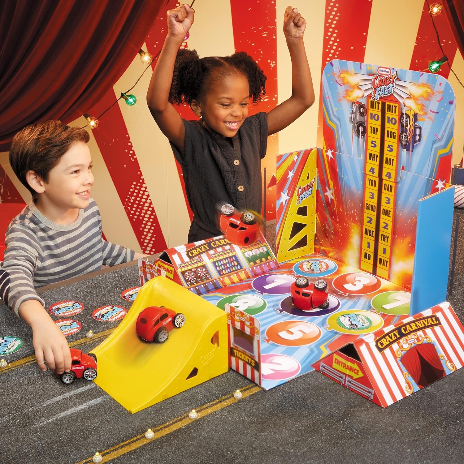 Little Tikes Crazy Fast Flip & Fly Carnival Playset with One Exclusive Pullback Toy Car Vehicle, Goes up to 50ft