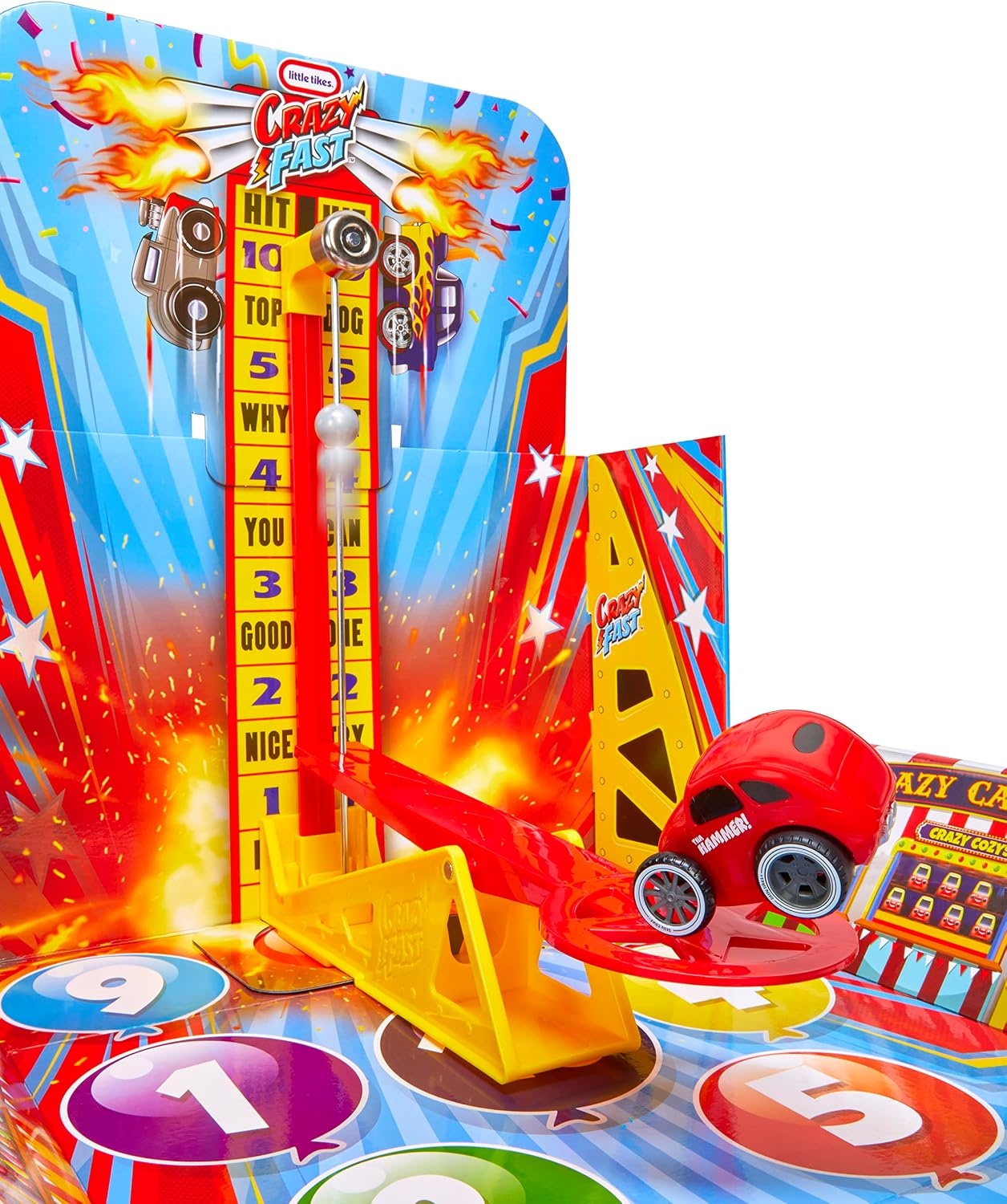 Little Tikes Crazy Fast Flip & Fly Carnival Playset with One Exclusive Pullback Toy Car Vehicle, Goes up to 50ft