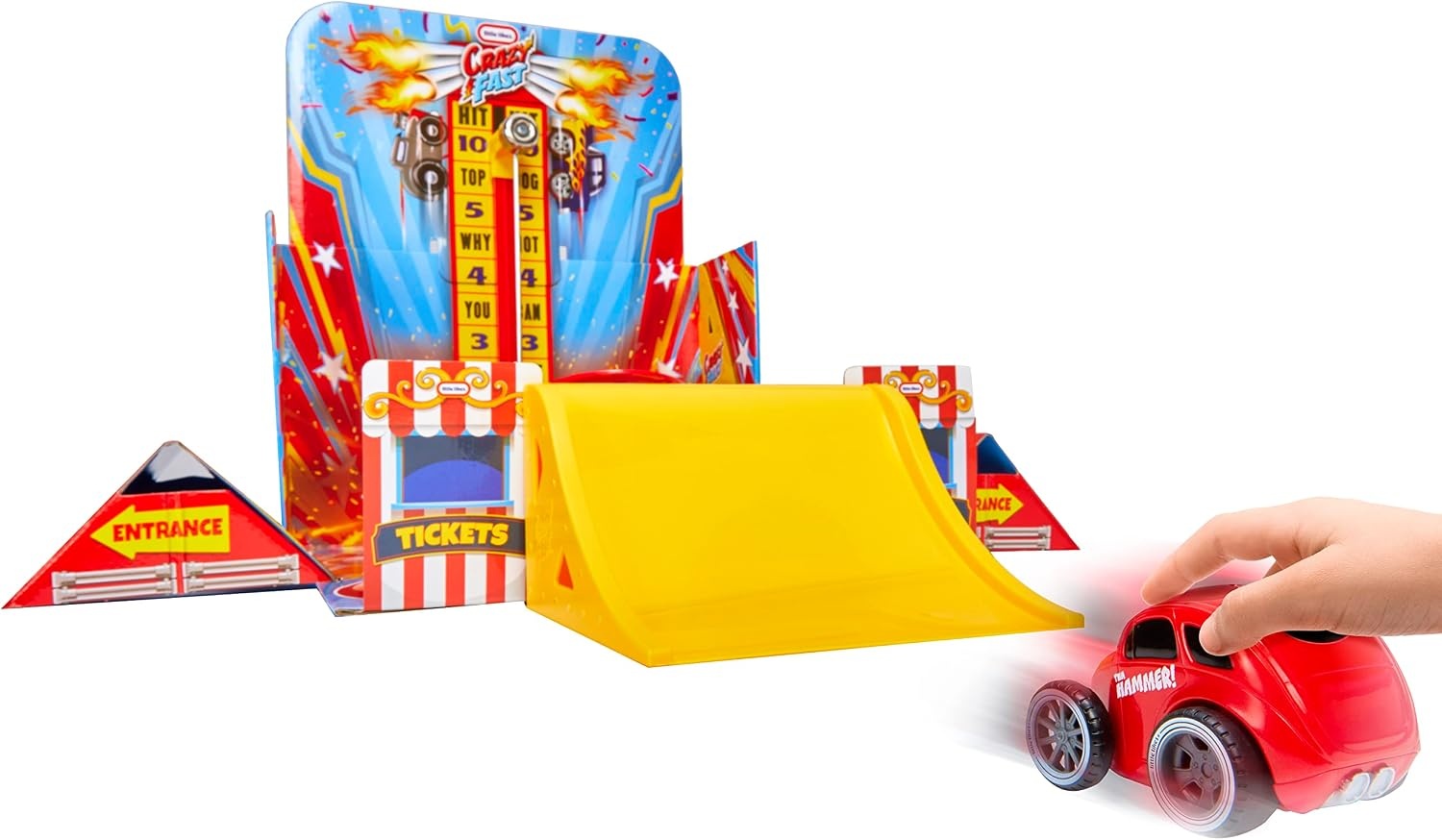 Little Tikes Crazy Fast Flip & Fly Carnival Playset with One Exclusive Pullback Toy Car Vehicle, Goes up to 50ft