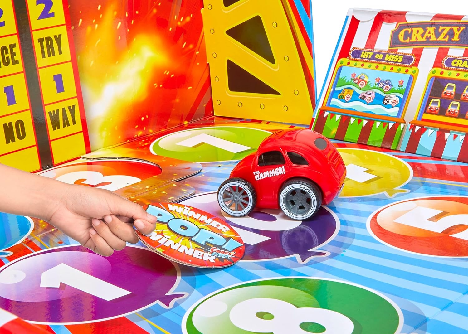 Little Tikes Crazy Fast Flip & Fly Carnival Playset with One Exclusive Pullback Toy Car Vehicle, Goes up to 50ft