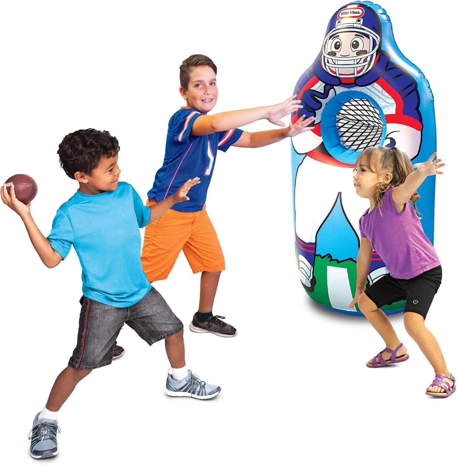 Little Tikes Inflatable Football Trainer for Kids, 4ft Toss Target with 3 Balls, Outdoor Backyard Sports Toy, Ages 3-6, Easy Setup, Fillable Water or Sand Base
