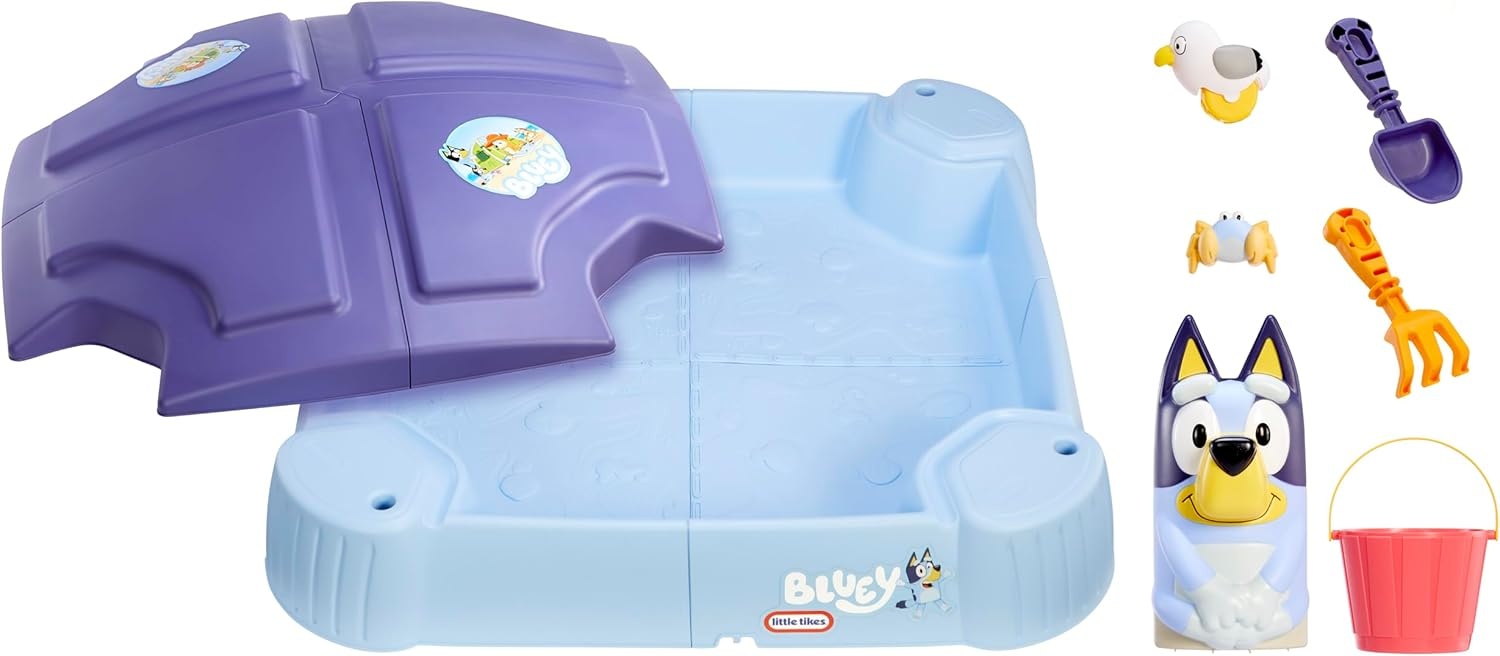 Little Tikes Bluey Beach Day Sand Box with 6 Accessories, Bluey Active Play, for Boys and Girls Ages 1-6 Years