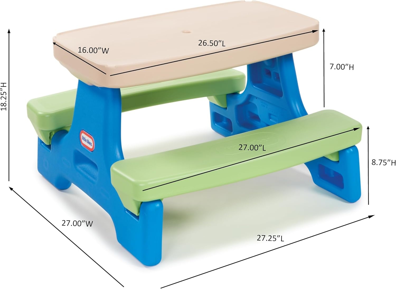 Little Tikes Easy Store Jr. Picnic Table with Umbrella – Blue / Green, 27.25L x 27.00W x 18.25H(Blue/Green)