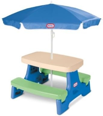 Little Tikes Easy Store Jr. Picnic Table with Umbrella – Blue / Green, 27.25L x 27.00W x 18.25H(Blue/Green)