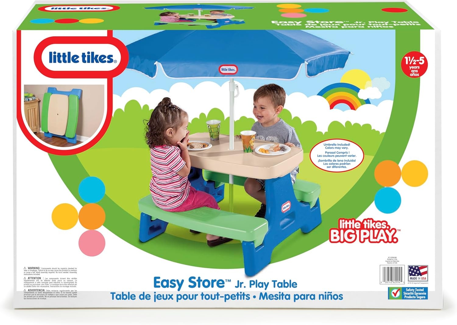 Little Tikes Easy Store Jr. Picnic Table with Umbrella – Blue / Green, 27.25L x 27.00W x 18.25H(Blue/Green)