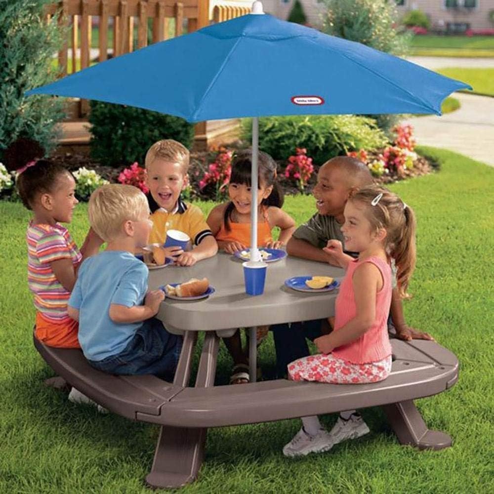Little Tikes Fold ‘n Store Picnic Table with Market Umbrella, Brown (632433M)(Picnic Table)