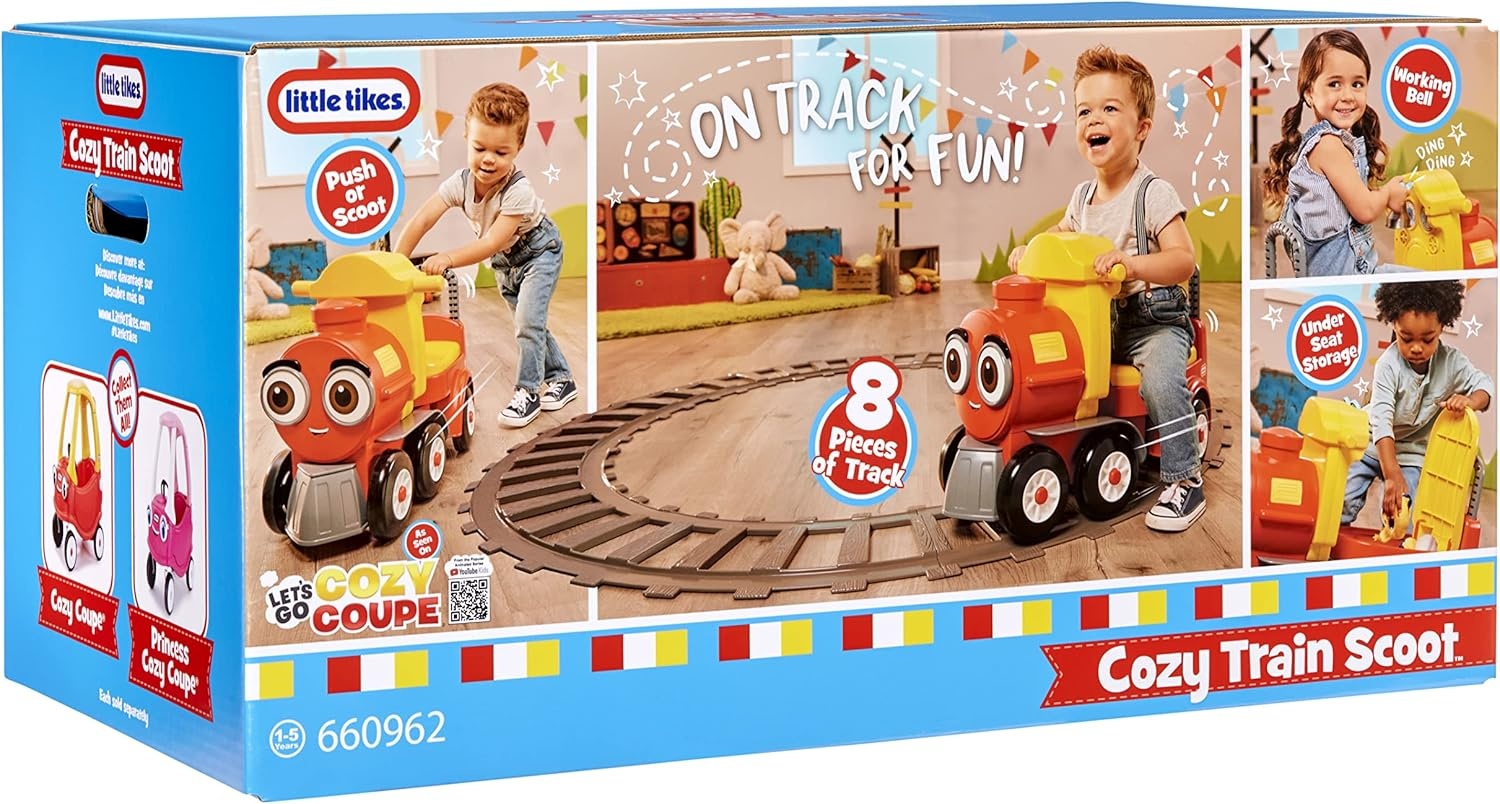 Little Tikes® Cozy Train Scoot Ride-On with Track, Under Seat Storage and Working Bell for Indoor & Outdoor Train Themed Play for Preschool Kids, Boys, Girls Ages 1-5 Years