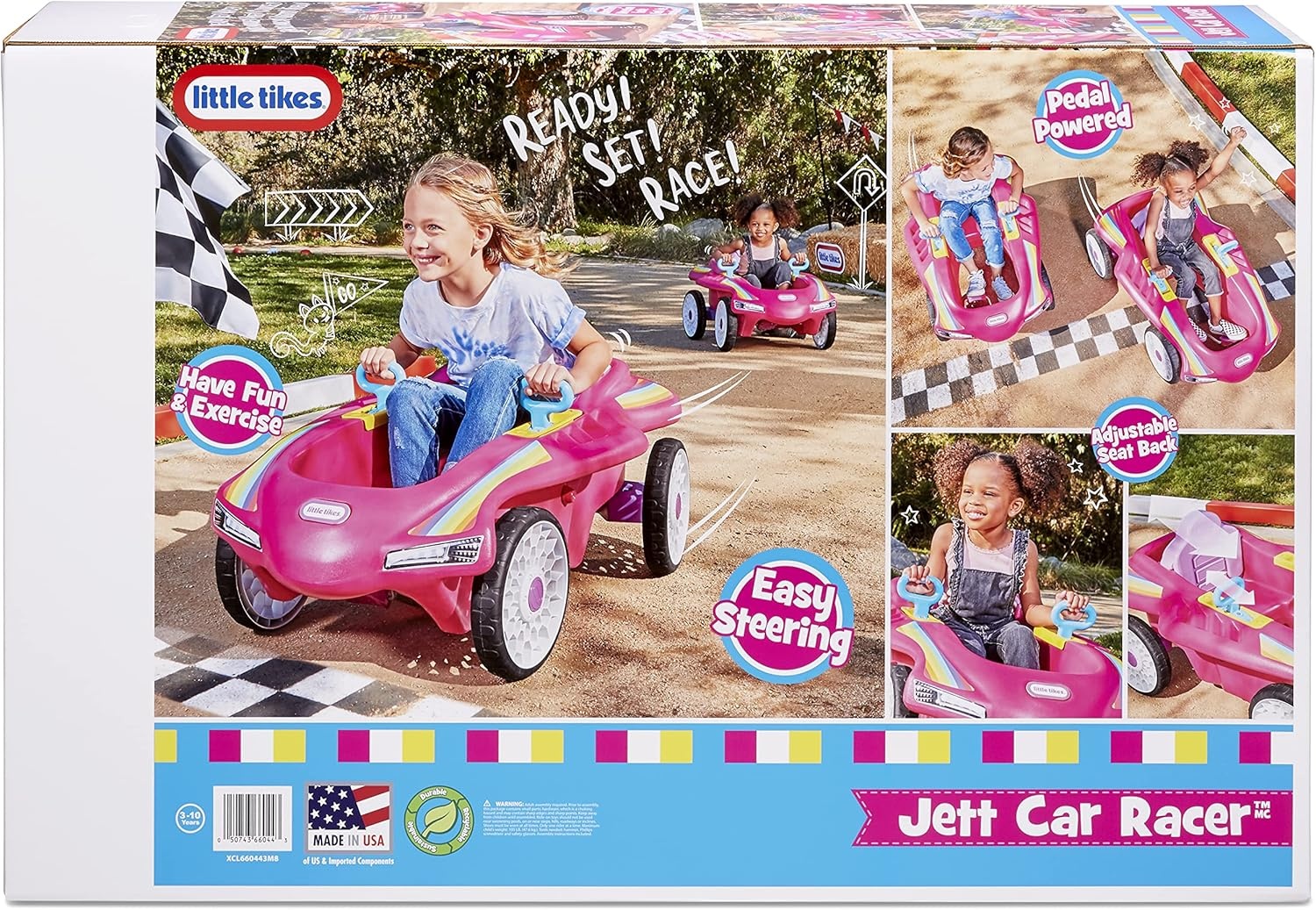 Little Tikes Jett Car Racer Pink, Ride On Car with Adjustable Seat Back, Dual Handle Rear Wheel Steering, Racing Control, Kid Powered Fun, Great Gift for Kids, Toys for Girls Boys Ages 3-10 Years, Large, Muticolor