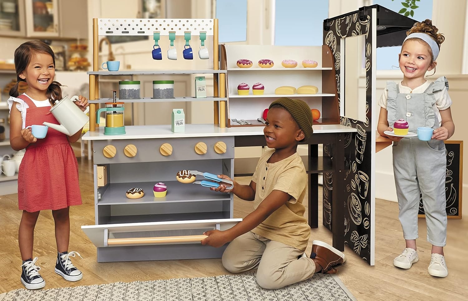 Little Tikes Real Wood Café & Bakery Exclusive Wooden Play Kitchen with Realistic Lights Sounds and Dual-Sided, 20+ Accessories Set- Gift for Kids, Toy for Girls Boys Ages 3 4 5+ Years