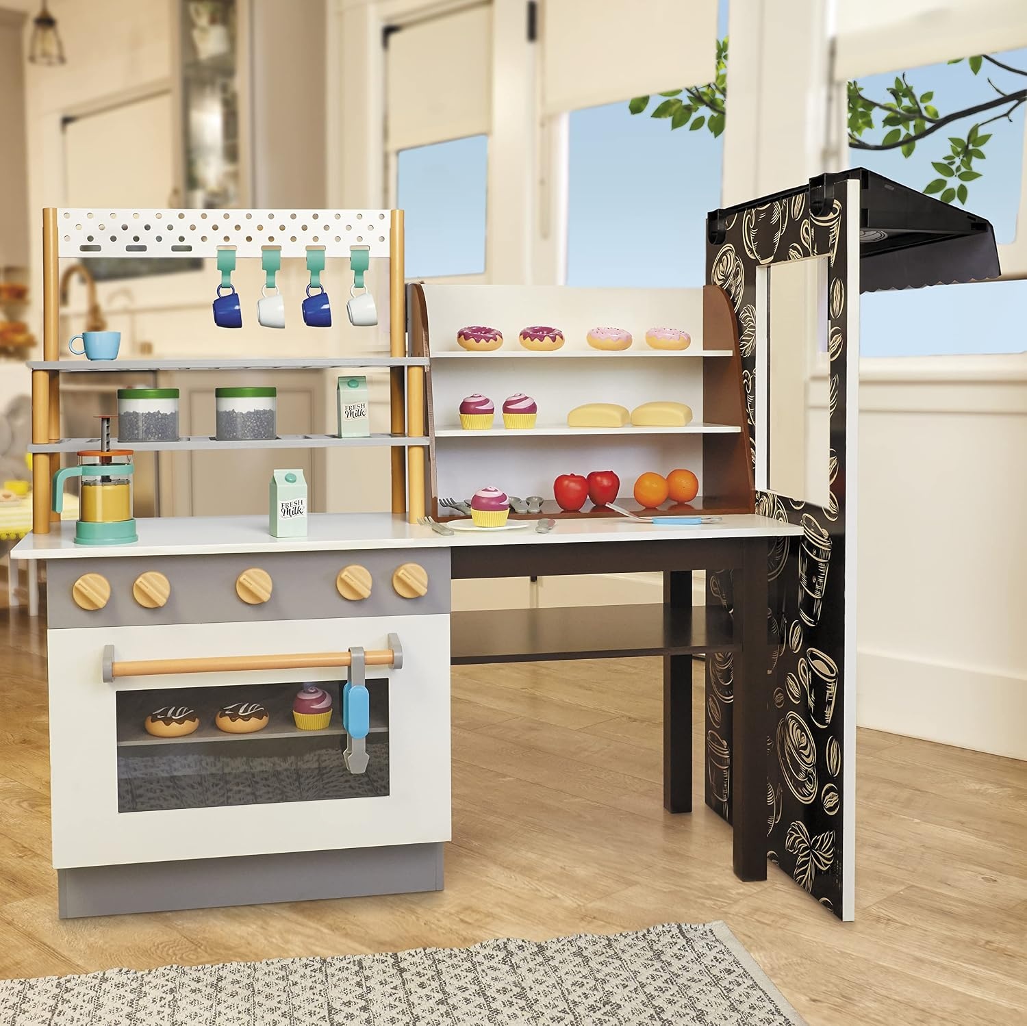 Little Tikes Real Wood Café & Bakery Exclusive Wooden Play Kitchen with Realistic Lights Sounds and Dual-Sided, 20+ Accessories Set- Gift for Kids, Toy for Girls Boys Ages 3 4 5+ Years