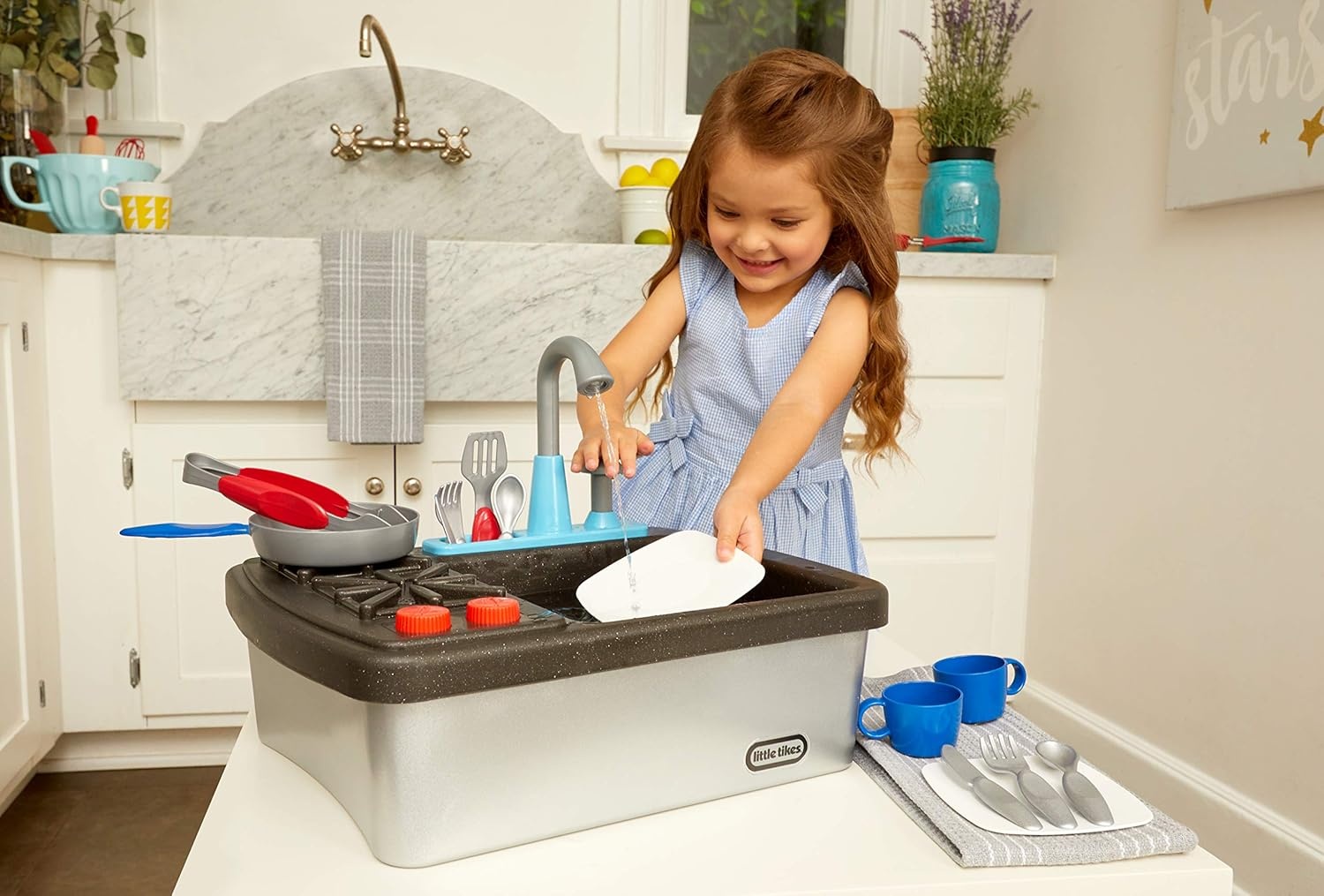 Little Tikes First Sink & Stove Realistic Pretend Play Kitchen Appliance for Kids, Includes 13 Cooking Accessories, Ages 3+ Multi-Color