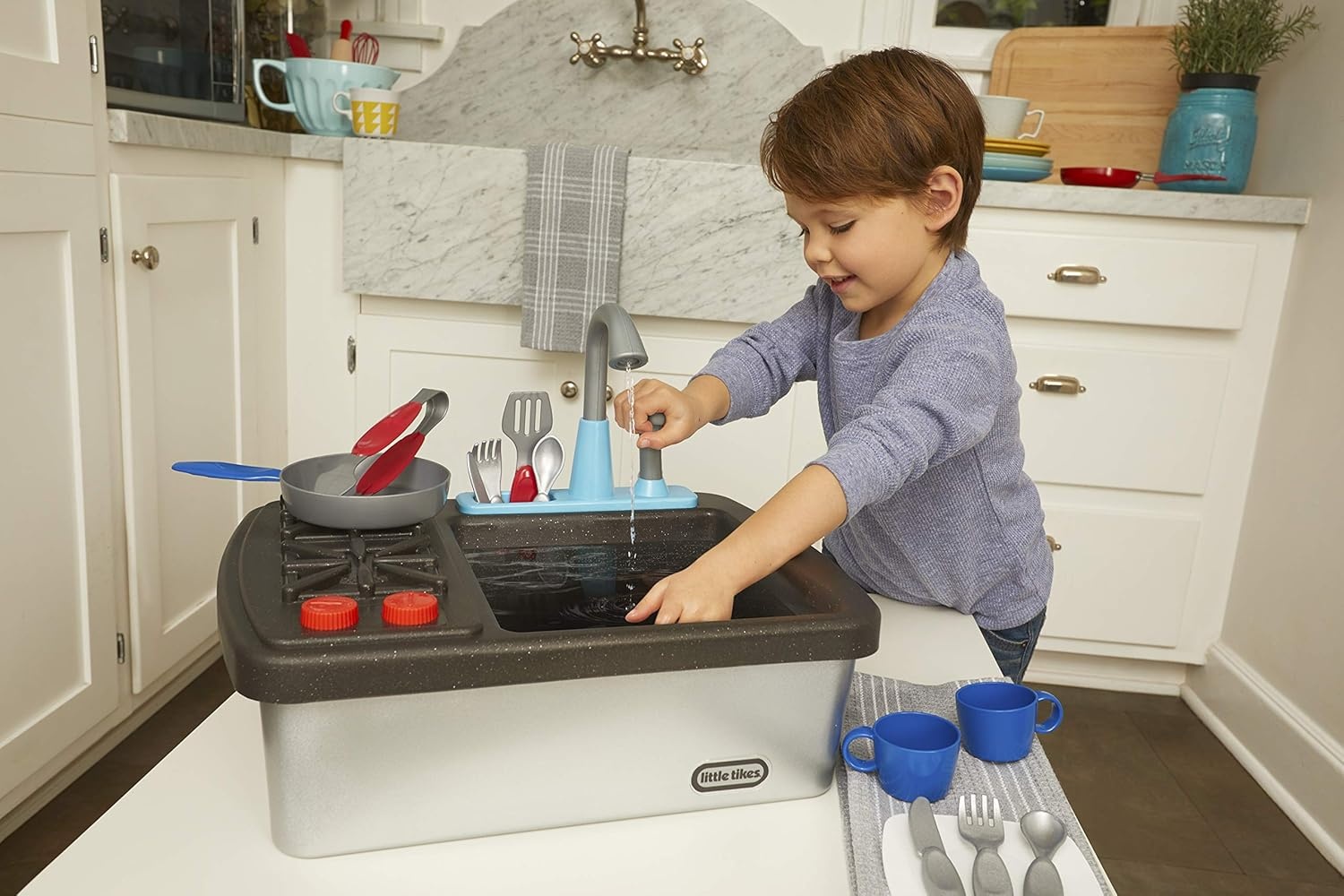 Little Tikes First Sink & Stove Realistic Pretend Play Kitchen Appliance for Kids, Includes 13 Cooking Accessories, Ages 3+ Multi-Color